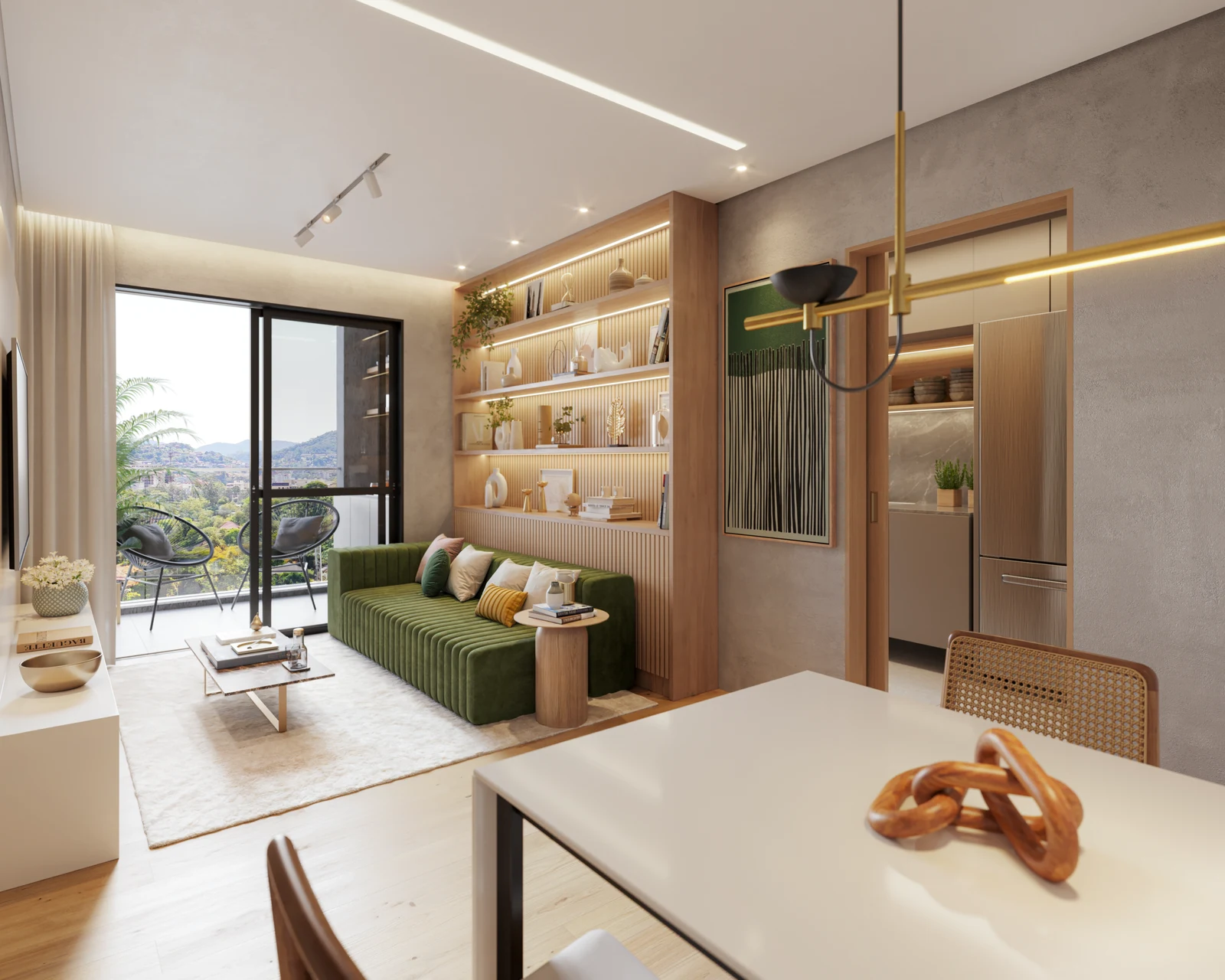 Sala de estar integrada à cozinha e varanda no empreendimento Nature